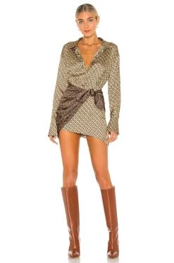 L'Academie The Kamille Mini Dress In Tan & Brown Chain