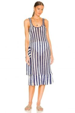 L'Academie Ardal Crochet Midi Dress In Navy & Ivory