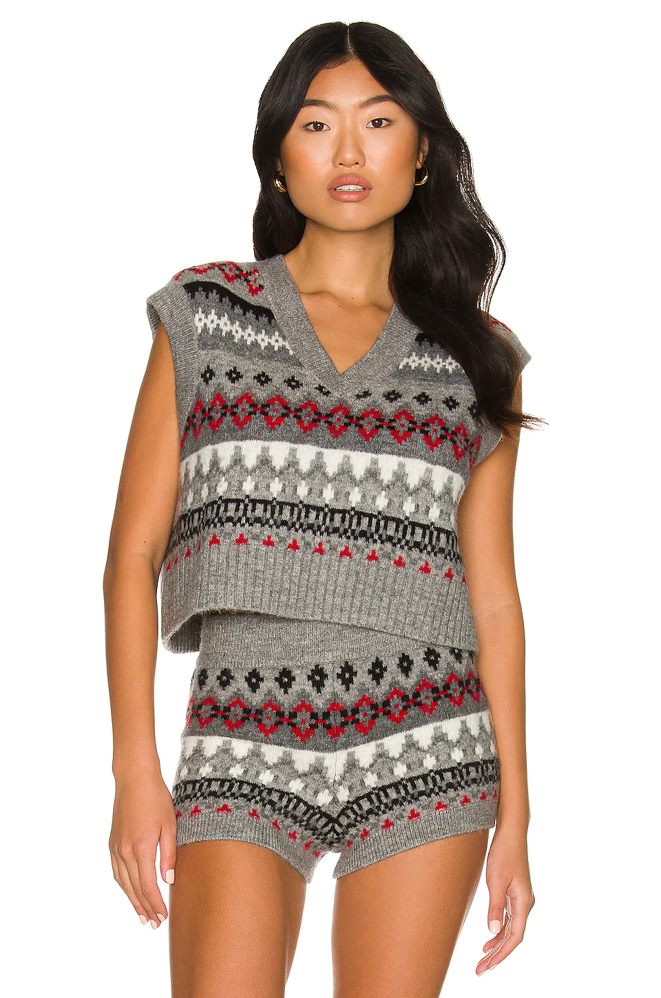L'Academie Aven Fair Isle Vest In Grey & Red
