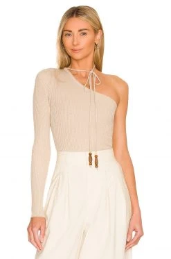 L'Academie Terie Cropped One Shoulder Sweater In Pale Gray