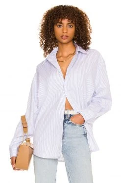L'Academie Bastien Button Down Top In Blue & White Stripe